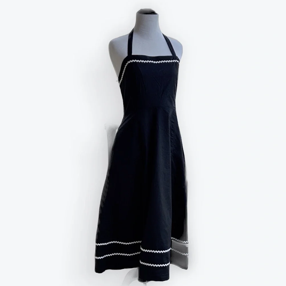 Cynthia Rowley Black Cotton Halter Sundress Circle Skirt RickRack Whimsigoth ~ M - Picture 1 of 15